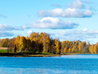 Wall Mural - colorful autumn landscape by the lake, golden autumn, colorful trees and reflections