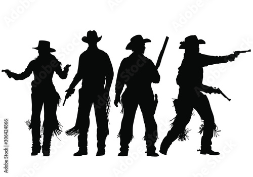 Fotomural Vector silhouettes of wild-west gunslingers, outlaws, lawmen and cowboys