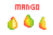 © Ksenia - Set of 3 pixel art mango (uncut, cut in half, sliced) icons isolated on white. Collection of 8 bit exotic tropical fruit symbols. Old school vintage retro 80s, 90s slot machine/video game graphics.