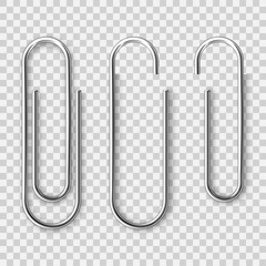 Realistic metal paper clip isolated on transparent background. Page holder, binder. Vector illustration.