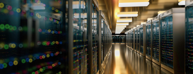 Server room data center. Backup, mining, hosting, mainframe, farm and computer rack with storage information. 3d render