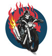 Skeleton ridind custom motorcycle. Dead biker vector illustration. T-shirt or poster design.