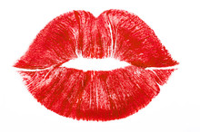 Imprint Or Print Of Red Lipstick On A White Background, Isolated. Makeup Female Lips Close Up. Concept Of Love, Makeup And Beauty. Sexy Red Lips On White, Kiss. Trace Of Lipstick.