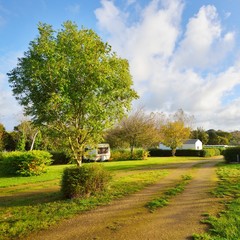 Peaceful green camping place with caravan trailer parked