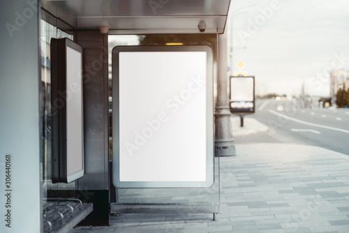 Download City Bus Stop On With An Empty Banner Mockup Template Of Advertising Banners In The Stop Of Public Transport Blank Information Placeholder Mock Up In Urban Settings On The Pavement Near The Yellowimages Mockups