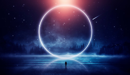 futuristic night landscape with abstract landscape and island, moonlight, shine. dark natural scene 