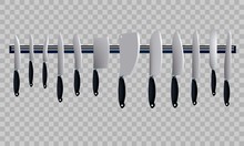 Set Of Knives. Kitchen Accessories Isolated On Light Background. Chef's Knife, Santoku, Bread Knife, Meat Cleaver, Chinese Shopper, Steak And Butcher Knife. Vector Illustration.
