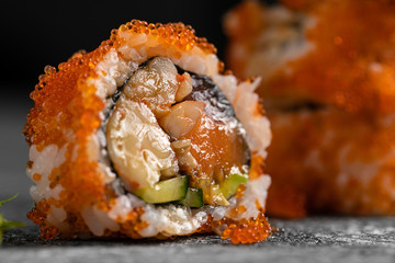 Canvas Print - Sushi roll on dark background. asian food