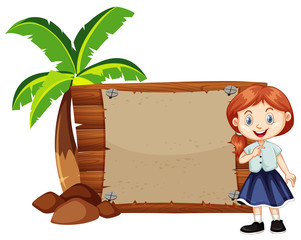 Poster - Happy girl and wooden board