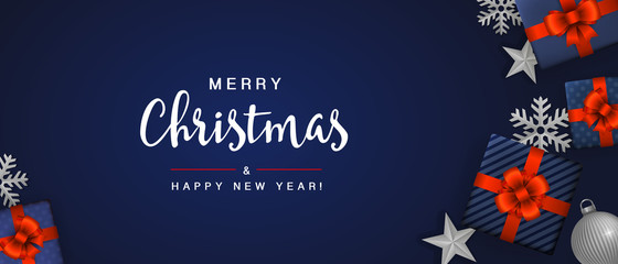 Poster - Merry Christmas and Happy New Year blue background card template with decoration elements
