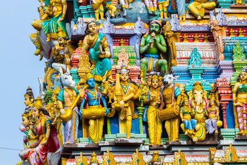 Closeup details on the tower of a Hindu Temple dedicated to Lord Shiva in Colombo, Sri Lanka.