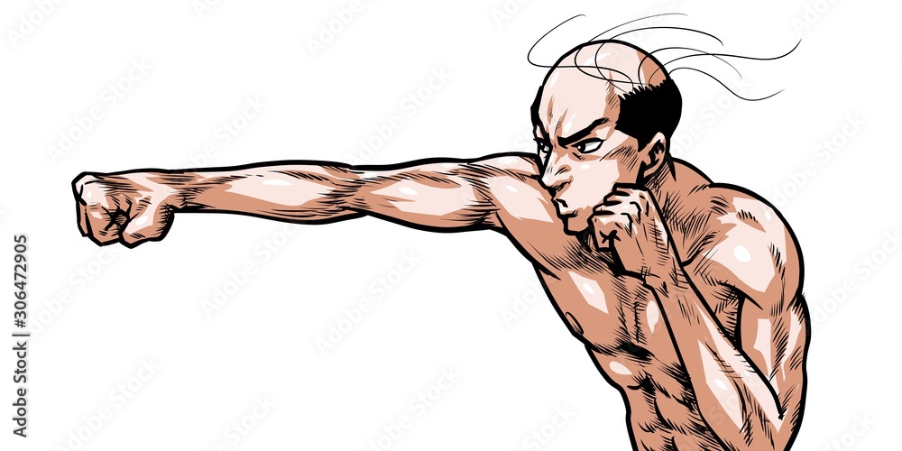 ハゲ 薄毛 脱毛 ボクシング ストレート パンチ 殴る 劇画 漫画 イラスト 熱血 闘い バトル Wall Mural 雅也 板垣