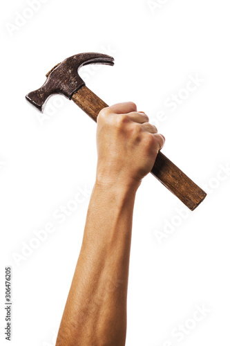 A hand raised up holds a hammer Isolated on a white background Poster Mural XXL
