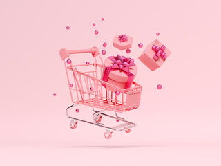 Flying Pink Shopping Cart with gift on a isolated Pink background. Minimal flat lay concept. 3d rendering