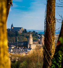 Fougeres Castle And Cathedral In Brittany, France. Panoramic Aerial Top View, Overlooking Fougères Town.