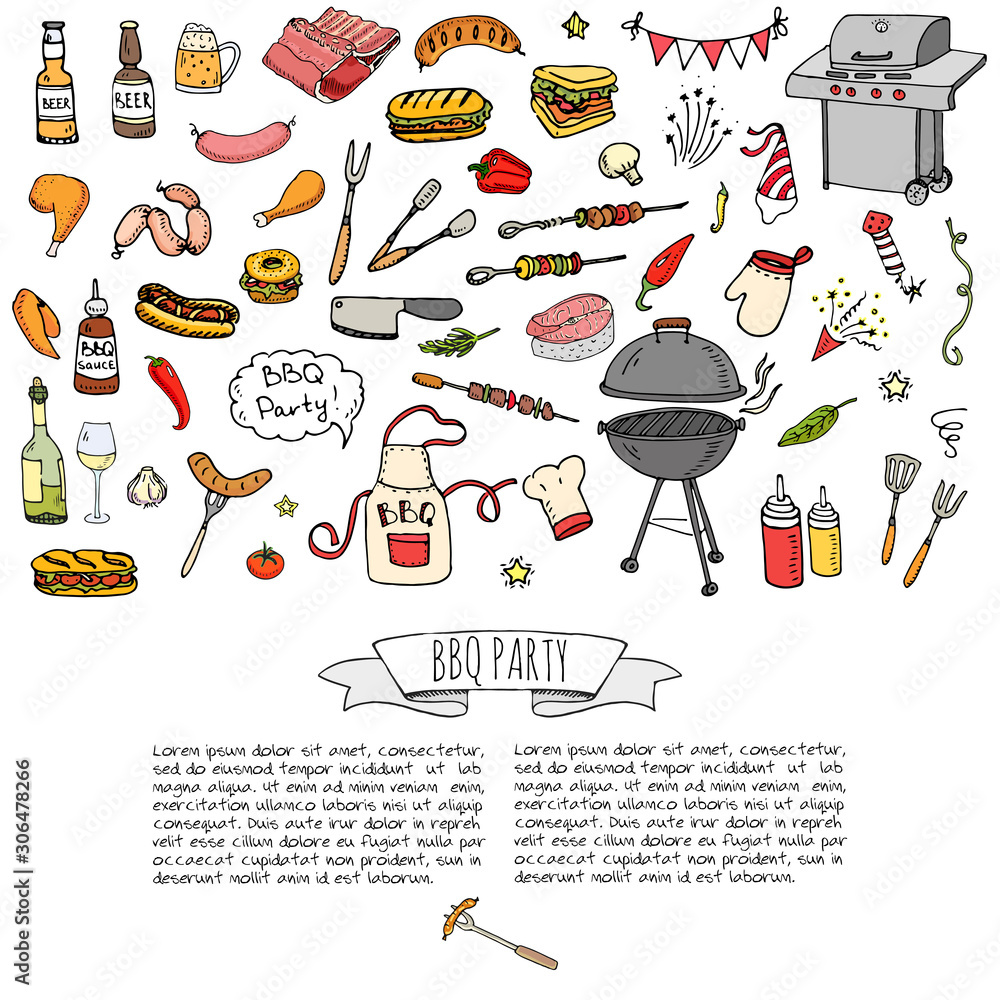 Hand drawn doodle BBQ party icons set Vector illustration summer ...