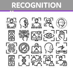 Wall Mural - Recognition Collection Elements Icons Set Vector Thin Line. Eye Scanning, Biometric Recognition, Face Id Systems, Human Silhouette Concept Linear Pictograms. Monochrome Contour Illustrations