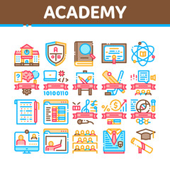 Poster - Academy Educational Collection Icons Set Vector Thin Line. Academy Building And Uniform, Book And Paper With Pen, Financial And Music Lessons Linear Pictograms. Color Contour Illustrations