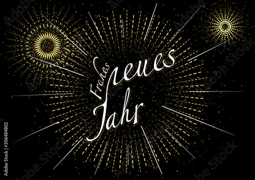 Happy New Year Greeting with Inscription and Fireworks Burst in Gold - Abstra...