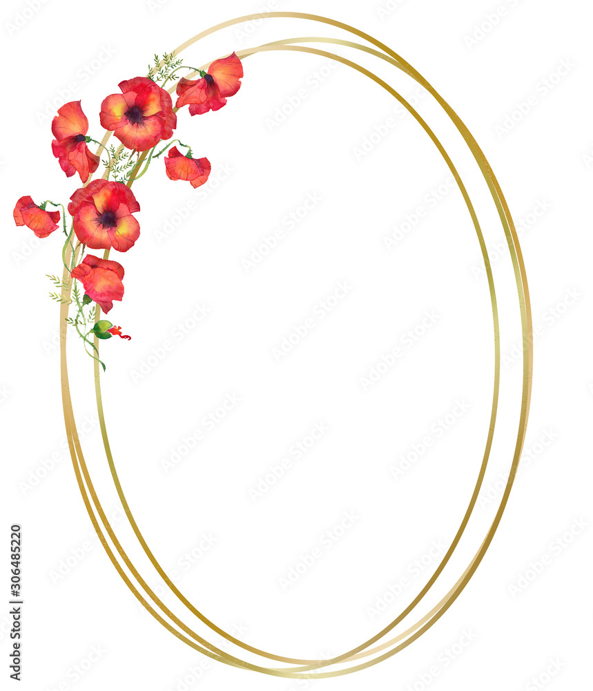 round golden frame with watercolor flowers of red poppies Stock ...