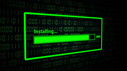 installing with progress bar, closeup process of installing program on abstract binary code backgrou