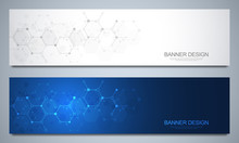 Banners Design Template And Headers For Site With Molecular Structures. Abstract Vector Background. Science, Medicine And Innovation Technology Concept. Decoration Website And Other Ideas.