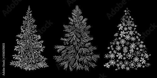 Fotografía set of christmas tree graphic art with line doodle hand drawn vector illustratio