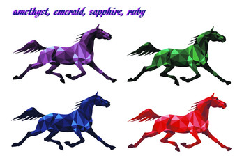 Wall Mural - set running horses, Trotter, colored, isolated image on white background in low poly style