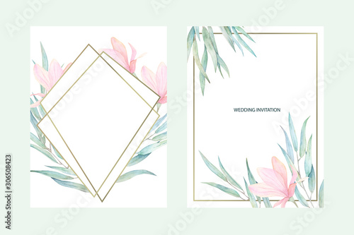 Set of  watercolor floral cards with eucalyptus leaves and jasmine. Greenery ...
