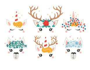 Christmas set with cute unicorn, llama, reindeer faces, in flower wreaths. Isolated objects on white. Hand drawn vector illustration. Flat style design. Concept holiday print, card, invite, gift tag.