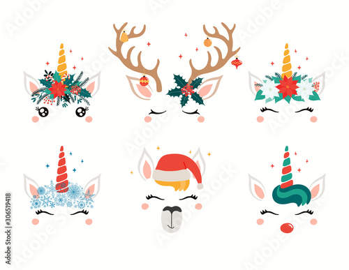 Christmas set with cute unicorn, llama, reindeer faces, in flower wreaths. Is...