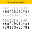 Monotype letters stroke font alphabet and numbers. Thin line with adjustable width, hatching and design. One width symbols set. You can apply any brush type to letters center line.