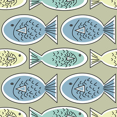 Wall Mural - Vector Blue Yellow and Green Fish on Brown Background Seamless Repeat Pattern. Background for textiles, cards, manufacturing, wallpapers, print, gift wrap and scrapbooking.