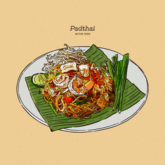 Wall Mural - Noodle padthai food thailand in the dish. hand draw sketch vector.