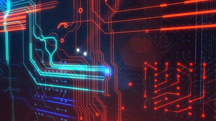 3d Animation of Circuit board futuristic server processing. Orange, red, blue technology background with bokeh. 3d rendering circuit board futuristic server.