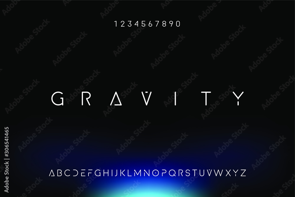 Gravity. Abstract technology science alphabet font. digital space typography vector illustration design - obrazy, fototapety, plakaty 