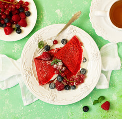 Poster - Pancakes are red velvet, with berries and cream. Valentine's Day. Selective focus.