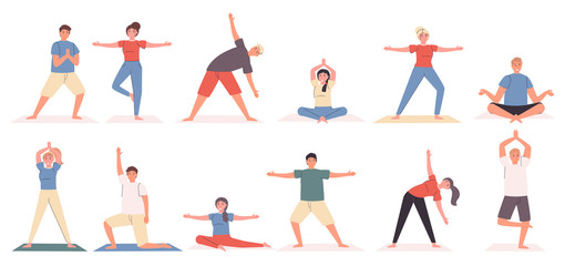 Aufkleber - Yoga poses and exercises flat vector illustrations set. Sport and relaxation, healthy lifestyle. Yogi cartoon characters, people in different asanas bundle isolated on white background