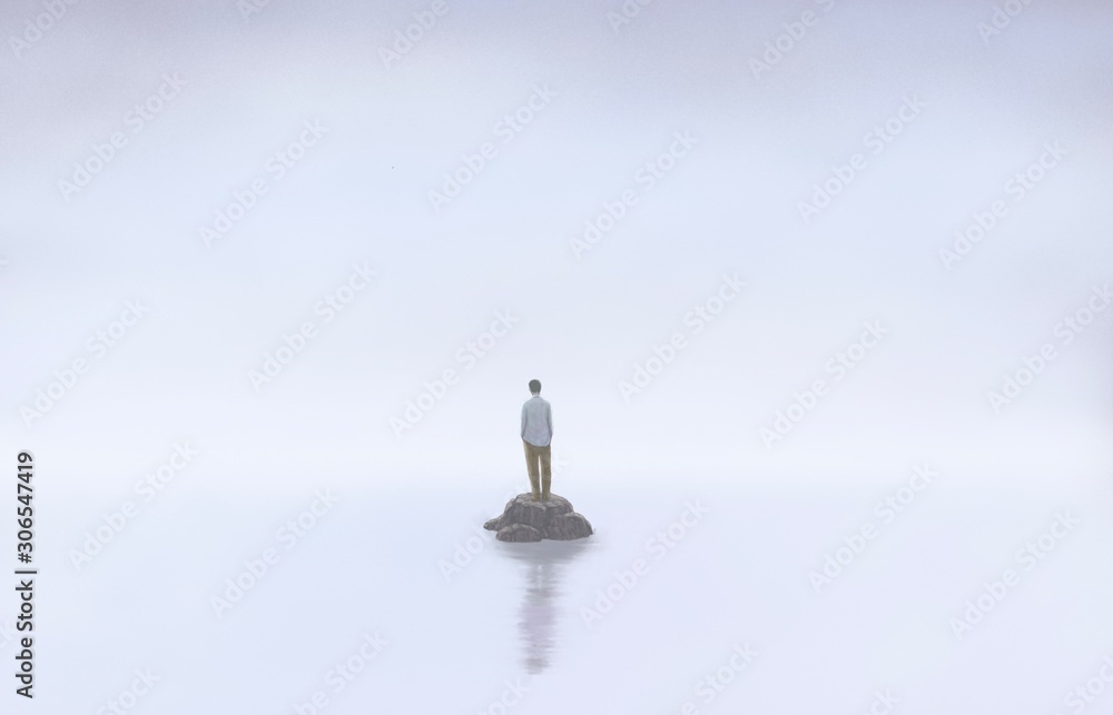 Man alone with the sea, lonely, depression, sad, surreal painting illustration, artwork - obrazy, fototapety, plakaty 