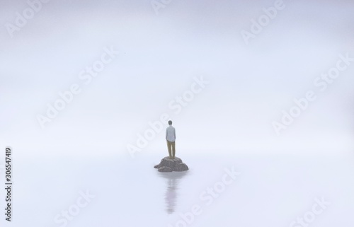 Fotografía Man alone with the sea, lonely, depression, sad, surreal painting illustration,