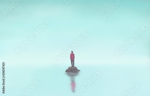 Cuadros en Lienzo Man alone with the sea, lonely, depression, sad, surreal painting illustration,