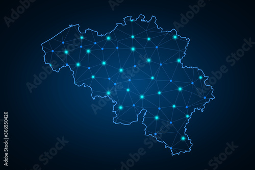 Fotografía Abstract mash line and point scales on dark background with Map of belgium