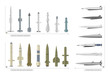 The vector illustration of the set of different types of missiles is on a white background.