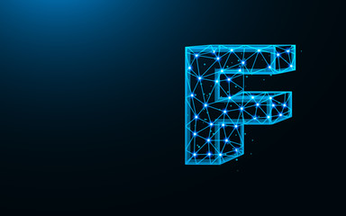 Poster - Letter F low poly design, alphabet abstract geometric image, font wireframe mesh polygonal vector illustration made from points and lines on dark blue background