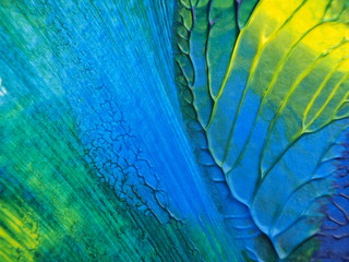  The blue, green and yellow acrylic painting with color texture on white paper background by using rorschach inkblot method.