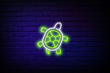 Green Turtle neon light icon. Slow moving reptile with scaly shell. Underwater animal. Oceanography and zoology. Marine fauna. Glowing sign with alphabet, numbers and symbols. Vector illustration