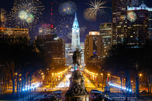 Colorful Fireworks  In Downtown Philadelphia, Pensilvania, USA. Cityscape Celebrating New Years Eve With George Washington Statue In The Middle.