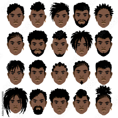 Set of cartoon faces of black men with different hairstyles, beard and