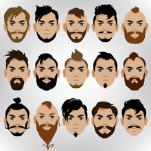 Set Of Male Hairstyles, Beard And Mustache. Vector Colorful Illustration.