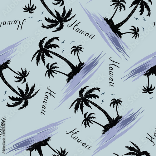 palm tree island with beautiful tropical birds seamless pattern design